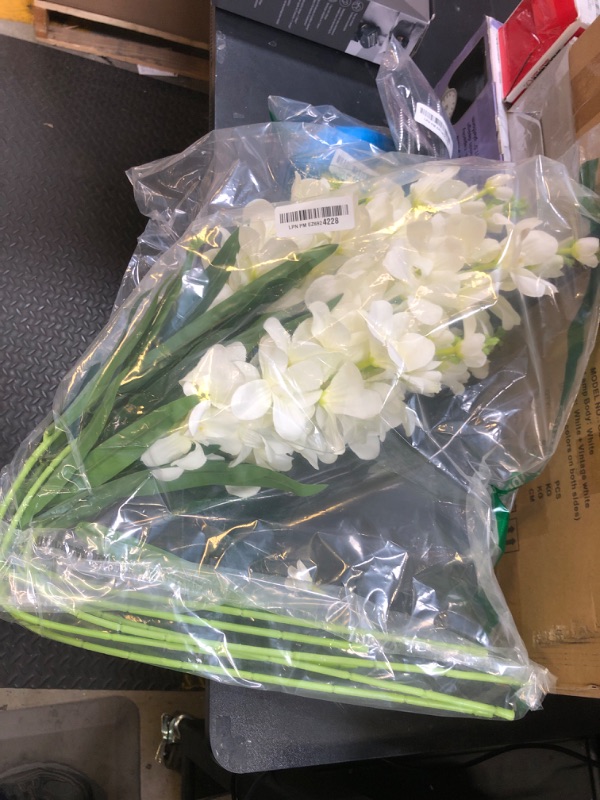 Photo 1 of ICBOX Delphinium Artificial Flowers,6PCS Fake White Flowers 35.43'' Larkspur Artificial Flower Long Stem Flowers for Tall Vase Wedding Party Table Centerpieces Home Decor(White)