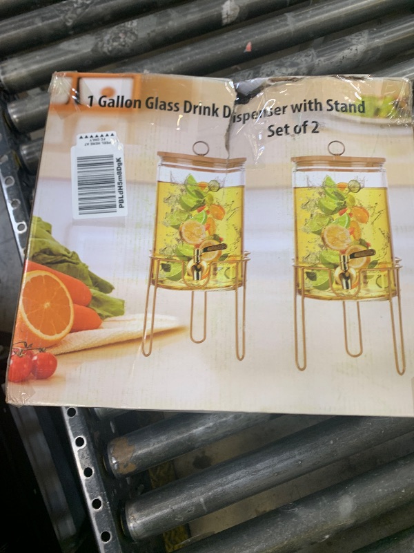 Photo 1 of 1 Gallon Drink Dispenser,2 Pack Glass Beverage Dispenser With Stand,Juice Containers with Lid for Party,Drink Dispensers for Parties With Spigot for Lemonade/Soda/Tea