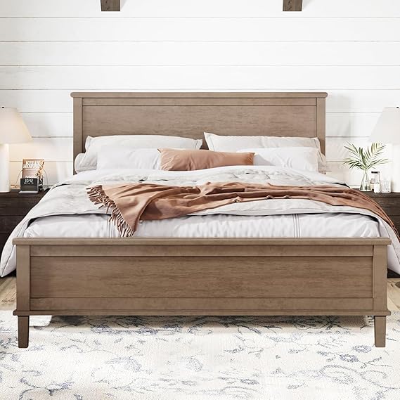 Photo 1 of Mid-Century Modern Solid Wood Queen Size Platform Bed with Engineered Wood Headboard & Footboard, Slat Support, No Box Spring Needed | Queen,Brown ------------- FRAME ONLY 
