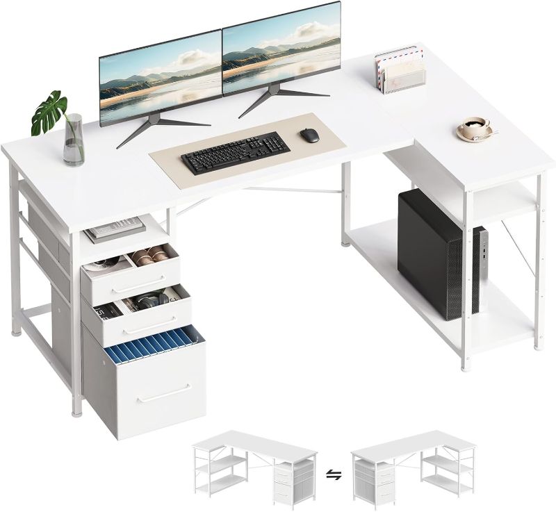 Photo 1 of Maihail 55" Computer Desk with Drawers, Desks for Bedrooms, Writing Desk with Storage, Work Desk for Small Space, White