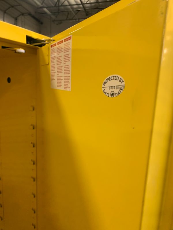 Photo 1 of justrite  45 Gallon Flammable Safety Cabinet, Manual Close Standard 2-Door-----MISSING KEY-----DOESNT CLOSE------- DENTED 