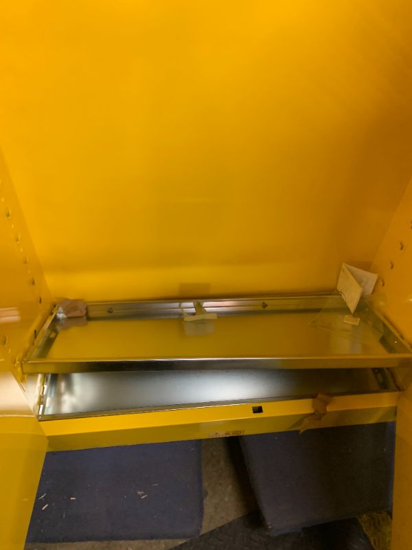 Photo 1 of justrite  45 Gallon Flammable Safety Cabinet, Manual Close Standard 2-Door-----MISSING KEY-----DOESNT CLOSE------- DENTED 