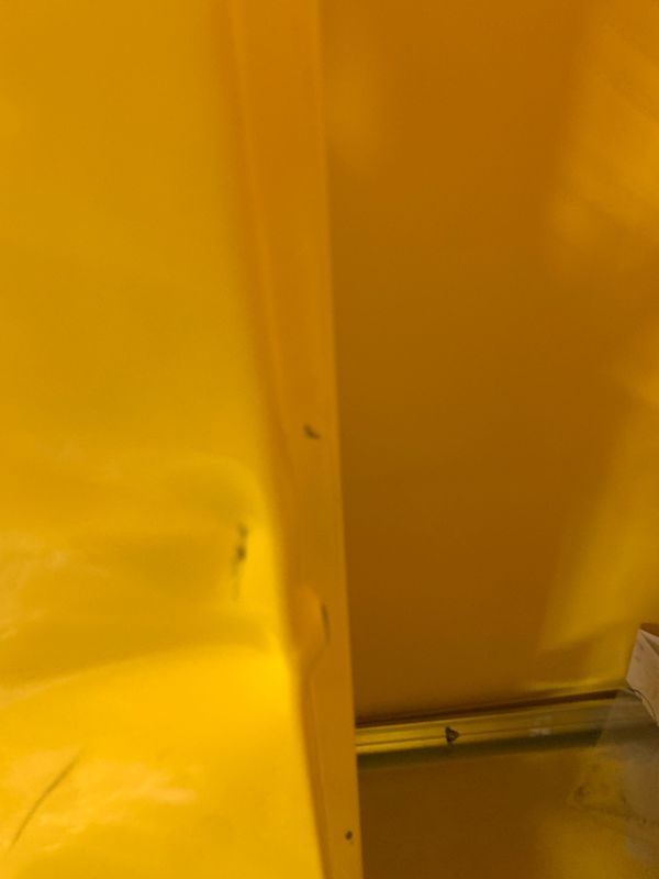 Photo 1 of justrite  45 Gallon Flammable Safety Cabinet, Manual Close Standard 2-Door-----MISSING KEY-----DOESNT CLOSE------- DENTED 