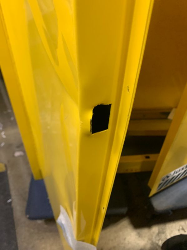 Photo 1 of justrite  45 Gallon Flammable Safety Cabinet, Manual Close Standard 2-Door-----MISSING KEY-----DOESNT CLOSE------- DENTED 
