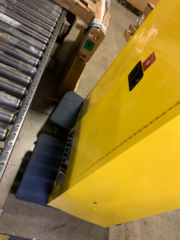 Photo 1 of justrite  45 Gallon Flammable Safety Cabinet, Manual Close Standard 2-Door-----MISSING KEY-----DOESNT CLOSE------- DENTED 