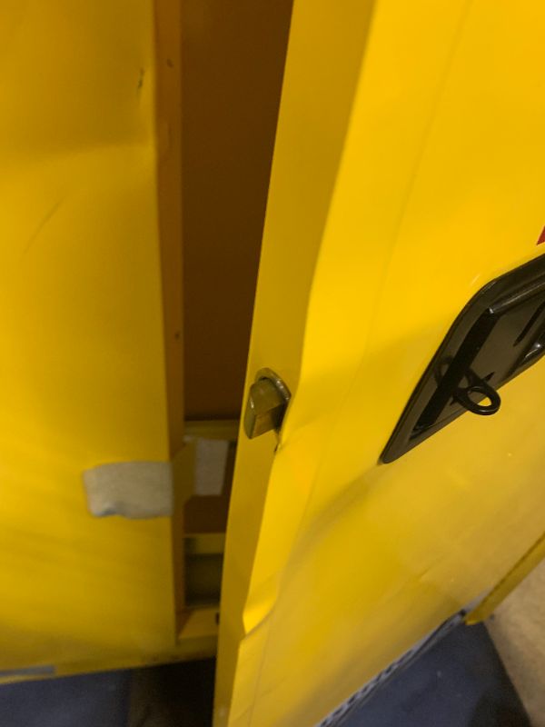 Photo 1 of justrite  45 Gallon Flammable Safety Cabinet, Manual Close Standard 2-Door-----MISSING KEY-----DOESNT CLOSE------- DENTED 
