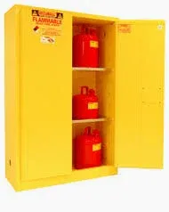 Photo 1 of justrite  45 Gallon Flammable Safety Cabinet, Manual Close Standard 2-Door-----MISSING KEY-----DOESNT CLOSE------- DENTED 
