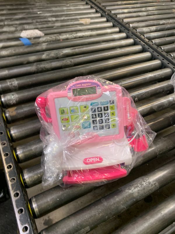 Photo 1 of Play Calculator Cash Register Toy Gift for Kids Girls Age 3, 4, 5, 6, 7, 8+ Year Old, 57 Pcs Pink Pretend Grocery Store Playset, Incl Microphone, Credit Card, Scanner, Fake Food, Play Money for Kids
