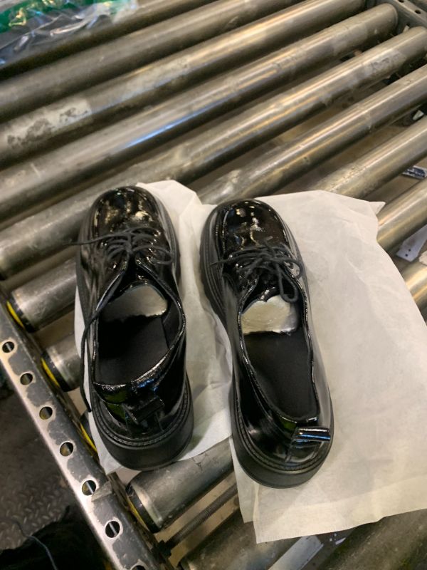 Photo 1 of Women's Patent Leather Chunky Platform Oxford Fashion Round Toe Chunky Heightening Lug Sole Lace-Up Loafers Comfort Non Slip Business Office Dress Shoes (9,Black)