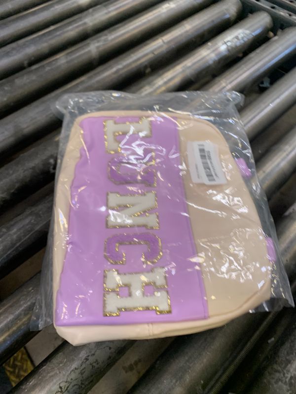 Photo 1 of DIRGEE Lunch Bag for Women Insulated For Men PU leather Small Office Work lunch with Chenille Letters Leakproof Freezable Cooler Reusable Portable Box (White&Purple)