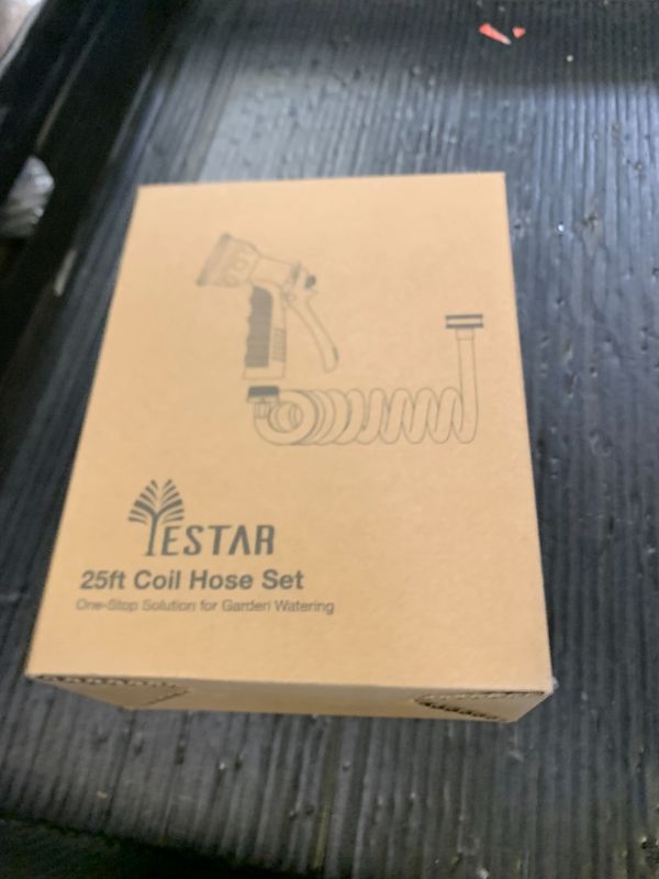 Photo 1 of Coil Hose 25FT EVA Coil Garden Hose With 3/4'' Brass Connector Coiled Water Hose Lightweight And No Kink Includes 7 Patterns Spray Nozzle For Outdoors Lawn Watering Car Washing
