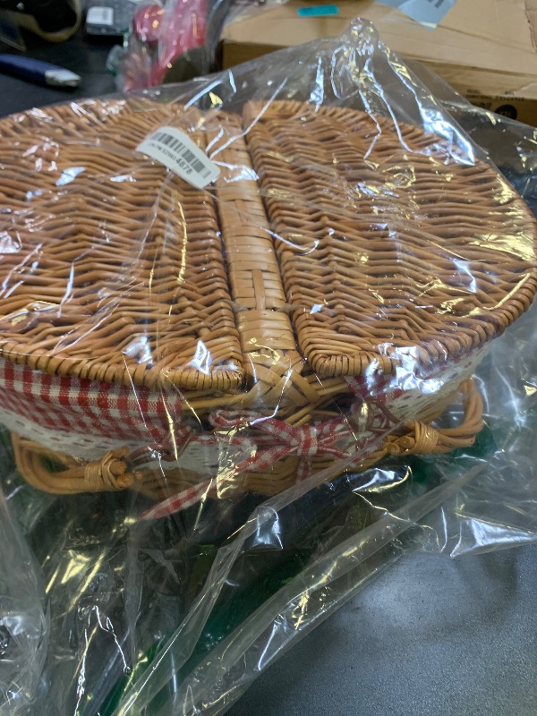 Photo 1 of Gandeer Picnic Basket with Blankets and Bamboo Plates Picnic Supplies Set Basket with Lid and Handle Wicker Picnic Basket Sturdy Woven Body with Washable Lining for Camping(Red)
