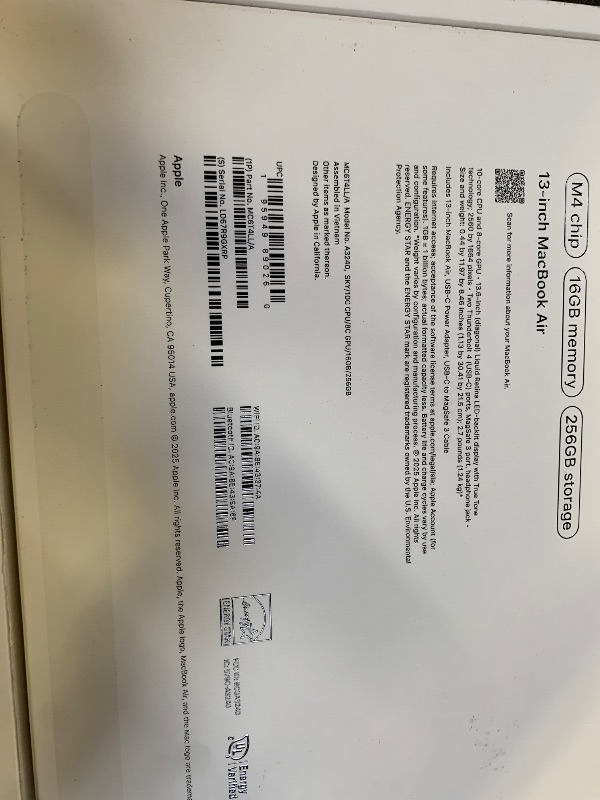 Photo 1 of Apple 2025 MacBook Air 13-inch Laptop with M4 chip: Built for Apple Intelligence, 13.6-inch Liquid Retina Display, 16GB Unified Memory, 256GB SSD Storage, 12MP Center Stage Camera, Touch ID; Sky Blue