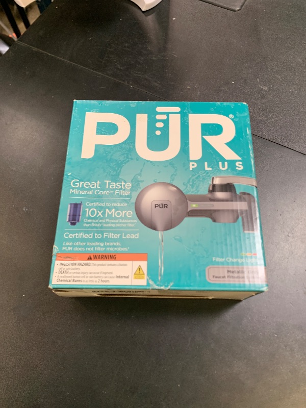 Photo 1 of PUR Plus Horizontal Faucet Mount Filtration System with 3-in-1 Lead Reducing Filter, Water Filter for Sink, Lasts 100 Gallons, Compatible with Sinks with External Aerators, Metallic Grey