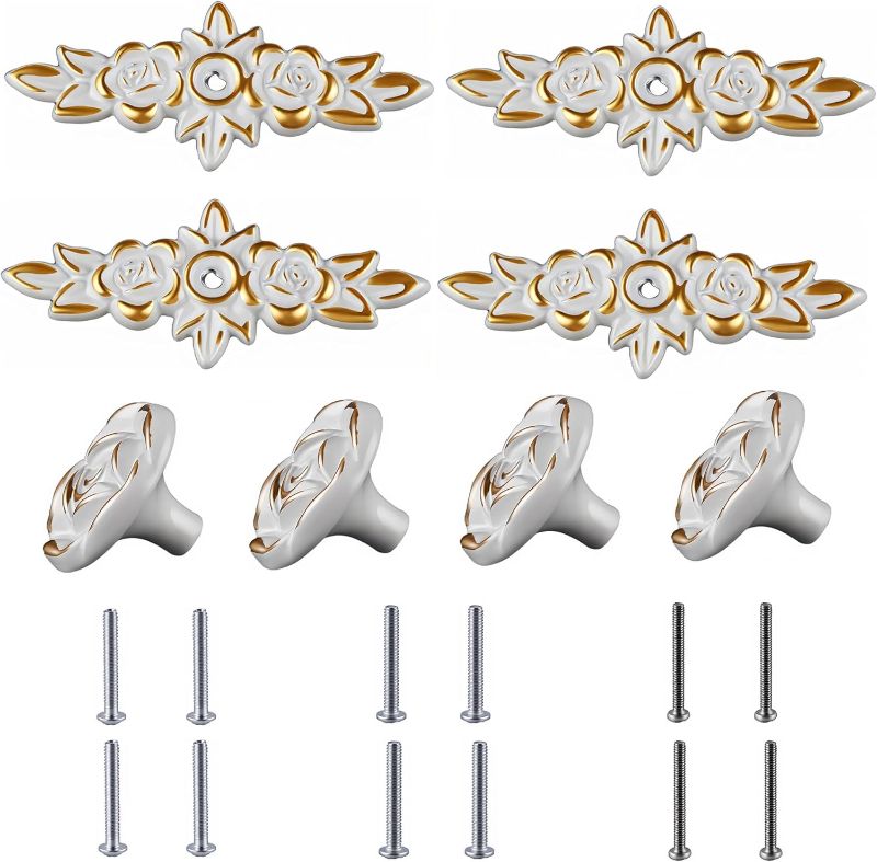 Photo 1 of 4 Inch Antique Rose Cabinet Knobs 4 Pcs Zinc Alloy Floral Drawer Pulls Vintage Drawer Pull Handles with 3 Type Screws for Dresser Vanity Nightstand Cupboard Wardrobe - Classic Ivory & Gold Edge
