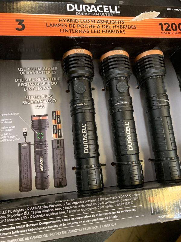 Photo 1 of Duracell Durabeam Ultra Hybrid LED Flashlights, 1200 Lumens, Set of 3, with Rechargeable and AAA Alkaline Batteries