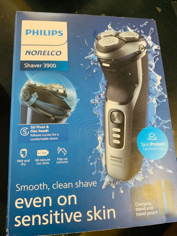 Photo 1 of Philips Norelco Shaver 3900 Series, Wet and Dry Electric Shaver, P-Cap, Travel Pouch, Charging Stand, Storm Blue, Model S3341/92