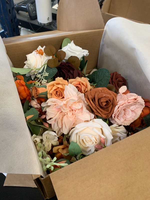 Photo 1 of Ling's Moment Terracotta Wedding Bouquets for Bride, Burnt Orange Bridal Bouquets for Bride, 15 Inch Free Form Artificial Wedding Flower Bouquet