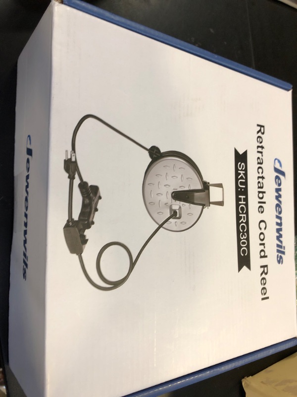 Photo 1 of DEWENWILS Metal Extension Cord Reel,30FT Retractable Extension Cord, 16AWG/3C SJTW Power Cord, 3 Electrical Outlets, 10A Circuit Breaker, Wall or Ceiling Mountable for Workshop, Garage, UL Listed