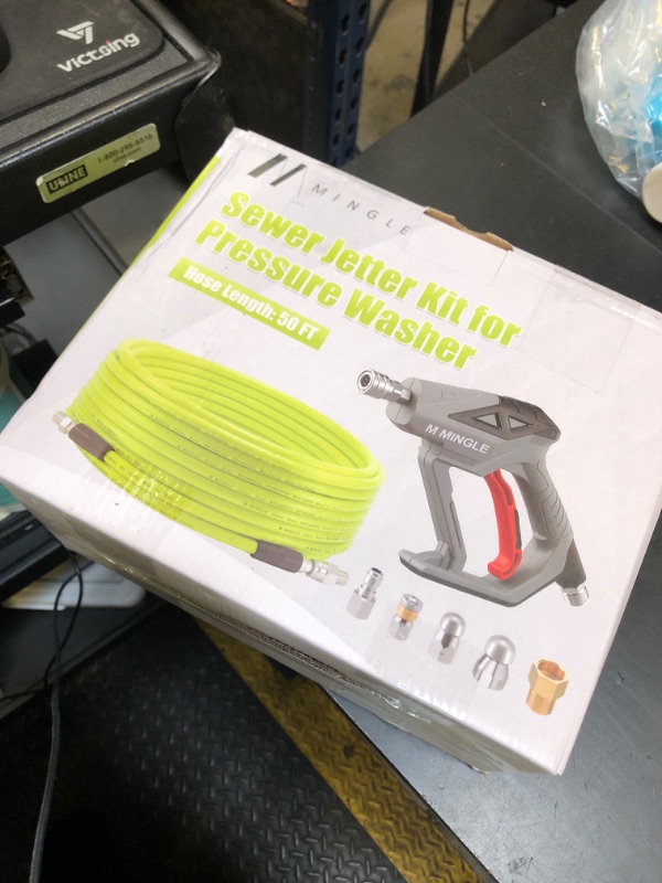 Photo 1 of M MINGLE Sewer Jetter Kit for Pressure Washer 50 FT, Drain Cleaner Hose with Power Washer Gun, 1/4 Inch NPT Corner Rotating and Button Nose Sewer Jetting Nozzle, Orifice 4.0, 4.5