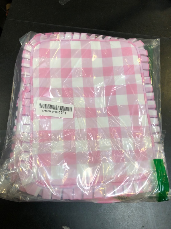 Photo 1 of EMBRUNIOICE Gingham Ruffle Makeup Bag,Large Travel Cute Cosmetic Bag for Women Girls,Toiletry Bag Make up Organizer 10.8 x 4.5 x 8 inch (Pink Gingham)