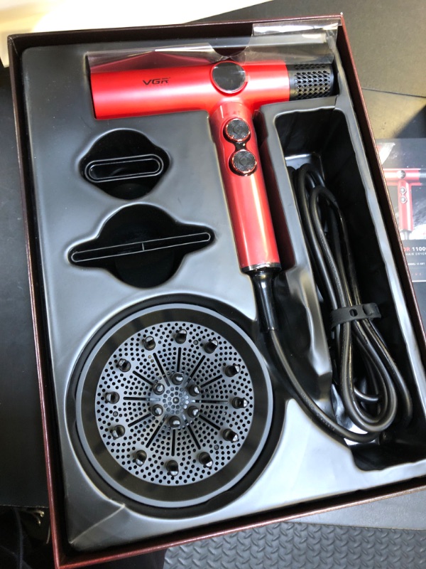 Photo 1 of VGR 401 Negative Ionic Hair Dryer, Professional BLDC Motor Blow Dryer for Fast Drying, LED Display Low Noise Thermo and RPM-Control Hairdryer, Travel with Magnetic 1 Diffuser & 2 Nozzle, Red