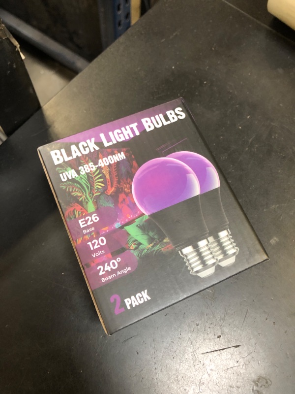 Photo 1 of Black Light Bulbs, 12W LED Black Light Bulb for Halloween Decoration, UVA 385-400nm UV Black Light, A19 Blacklight Bulb for Glow in Dark, Body Paint Fluorescent Poster Glow Party, 2 Pack