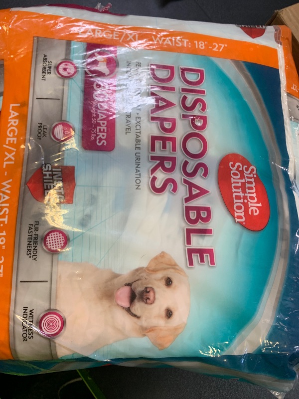 Photo 1 of Simple Solution Disposable Dog Diapers, Female Dog Diapers, Puppy Potty Training, Incontinence and Heat Cycle Protection, Large Diapers for Dogs, 18-27 Inch Waist, 30 Count