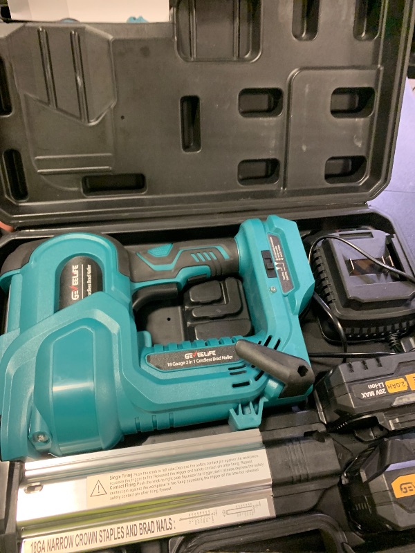 Photo 1 of GEVEELIFE Cordless 2" Brad Nailer with 2×2.0Ah Batteries – 2-in-1 18G Nail Gun & Staple Gun, Battery-Powered, 1000 Nails Included, Adjustable Depth, 2 Modes for Wood Carpentry