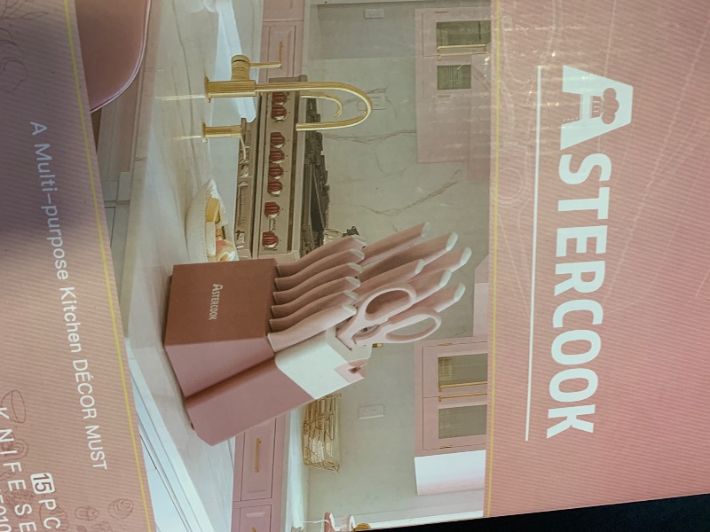 Photo 1 of Astercook Knife Set, Kitchen Knives Set with Block and Sharpener Ceramic Coating 15 Pcs German Stainless Steel Knives Sharp Blade Dishwasher Safe Knife Block Set with Ergonomic Handle, Crystal Pink
