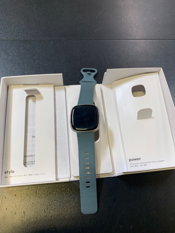 Photo 1 of Fitbit Versa 4 Fitness Smartwatch with Daily Readiness, GPS, 24/7 Heart Rate, 40+ Exercise Modes, Sleep Tracking and more, Waterfall Blue/Platinum, One Size (S & L Bands Included)