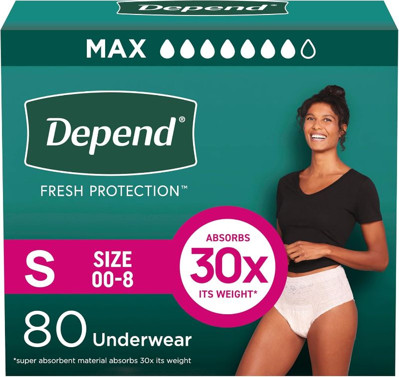 Photo 1 of Depend Fresh Protection Adult Diapers, Incontinence & Postpartum Bladder Leak Underwear for Women, Disposable, Maximum, Small, Blush, 80 Count (2 Packs of 40), Packaging May Vary

