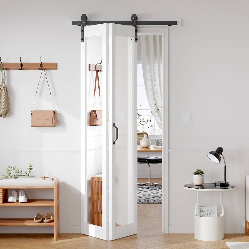 Photo 1 of FREDBECK Preassembled Bifold Barn Door 36x84 (Double 18x84) with 1 Lites Mirror,Bi-fold Closet Doors Hardware Kit Included,40" Track for 2 Doors, PVC, White,for Living Room, Bathrooms, Kicthen
