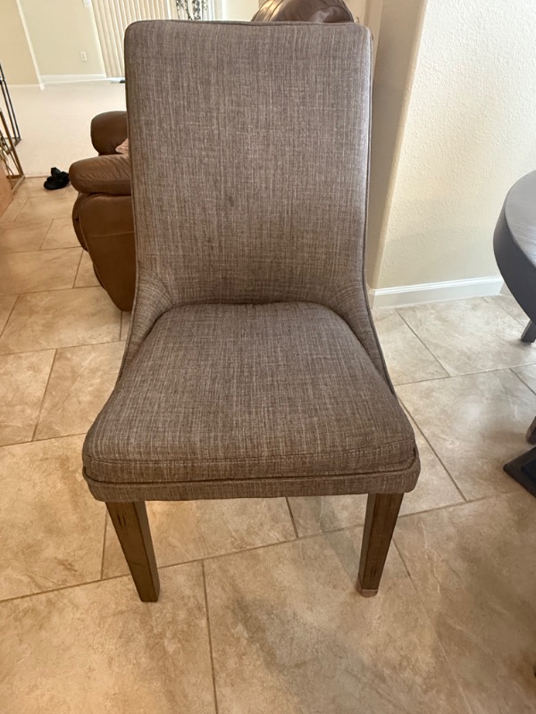 Photo 1 of 47” ROUND WOOD TABLE W 4 GREY UPHOLSTERED SIDE CHAIRS H30”
