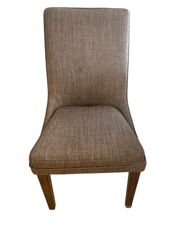 Photo 1 of 47” ROUND WOOD TABLE W 4 GREY UPHOLSTERED SIDE CHAIRS H30”