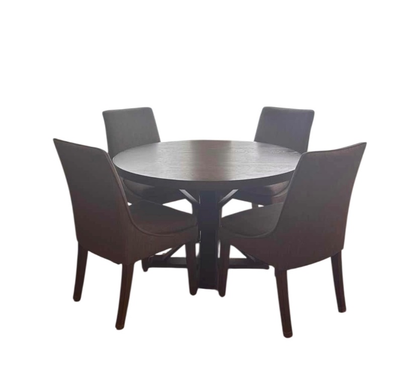 Photo 1 of 47” ROUND WOOD TABLE W 4 GREY UPHOLSTERED SIDE CHAIRS H30”