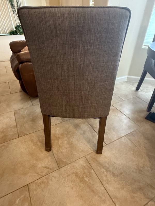 Photo 1 of 47” ROUND WOOD TABLE W 4 GREY UPHOLSTERED SIDE CHAIRS H30”