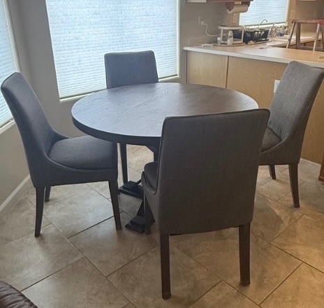 Photo 1 of 47” ROUND WOOD TABLE W 4 GREY UPHOLSTERED SIDE CHAIRS H30”