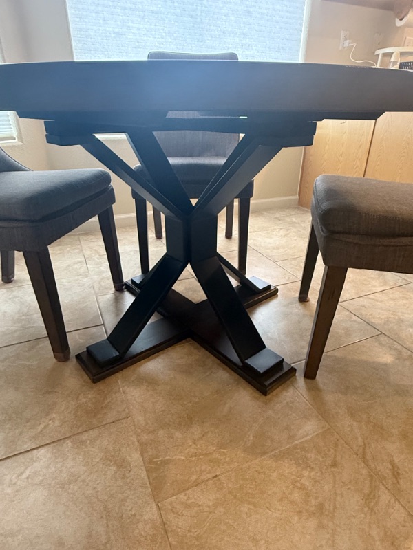 Photo 1 of 47” ROUND WOOD TABLE W 4 GREY UPHOLSTERED SIDE CHAIRS H30”