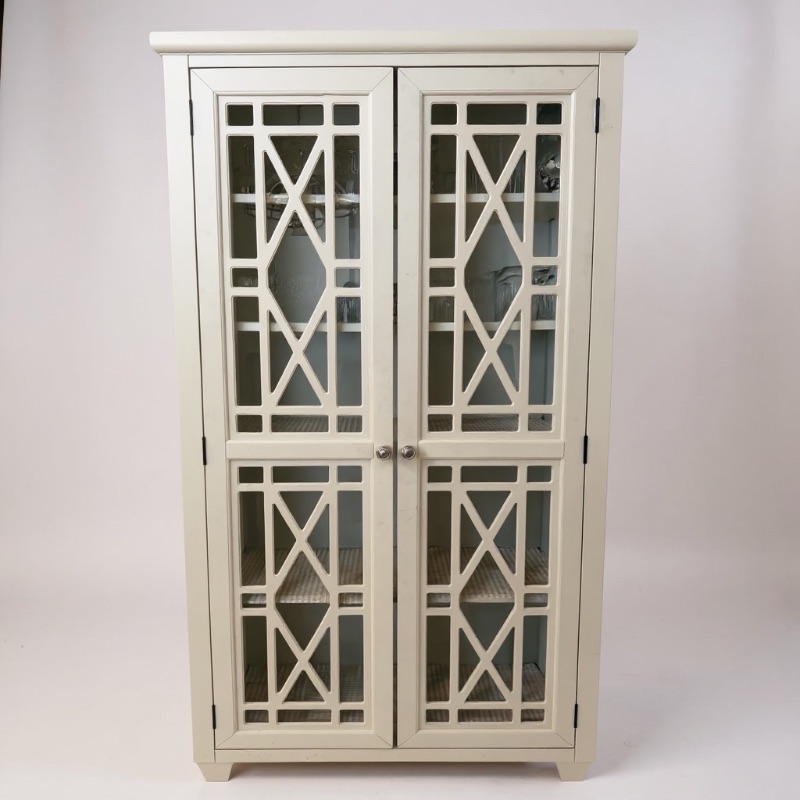 Photo 1 of WHITE WOODEN CURIO DISPLAY CABINET W. CONTENTS W GEOMETRIC OVERLAY 35” x 16” H68”