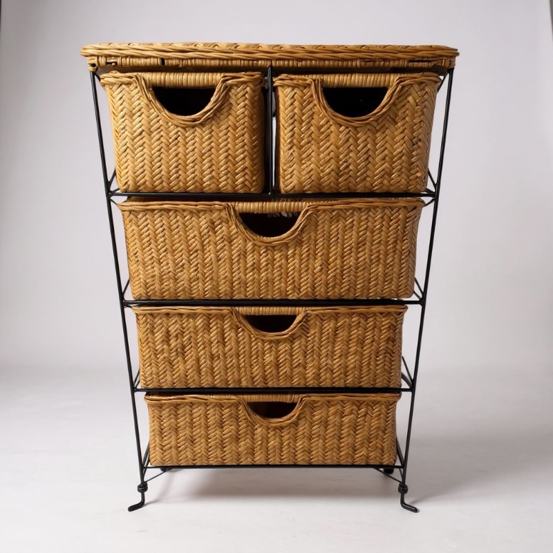 Photo 1 of 4D CONCEPT 5 DRAWER WICKER STORAGE UNIT W BLACK METAL FRAME 19” x 13” H33”