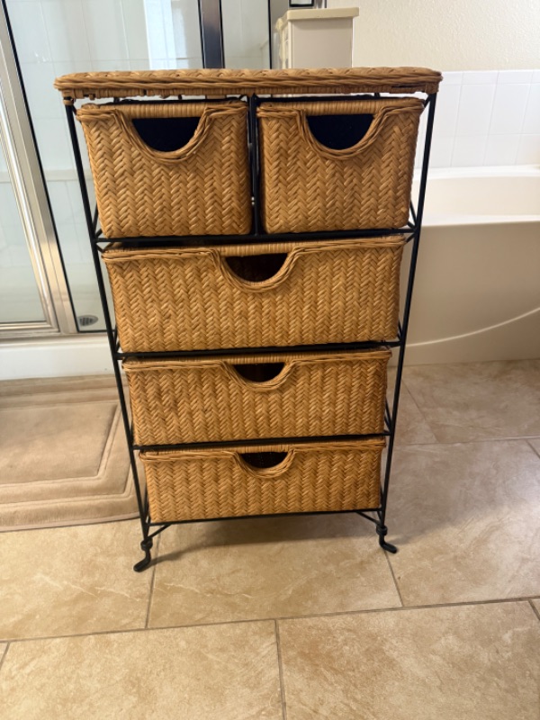 Photo 1 of 4D CONCEPT 5 DRAWER WICKER STORAGE UNIT W BLACK METAL FRAME 19” x 13” H33”