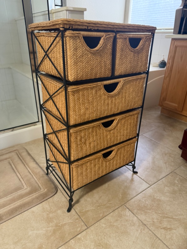 Photo 1 of 4D CONCEPT 5 DRAWER WICKER STORAGE UNIT W BLACK METAL FRAME 19” x 13” H33”