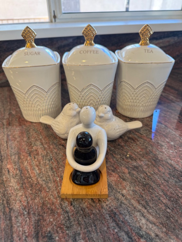 Photo 1 of 3PC WHITE CERAMIC CANISTER SET, BIRD & COUPLE SALT & PEPPER SHAKERS