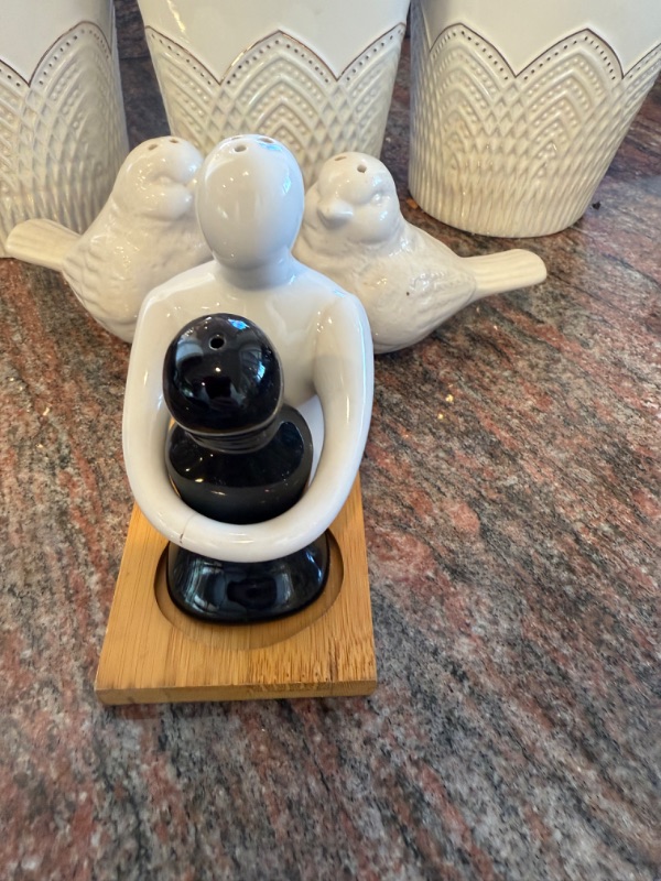 Photo 1 of 3PC WHITE CERAMIC CANISTER SET, BIRD & COUPLE SALT & PEPPER SHAKERS