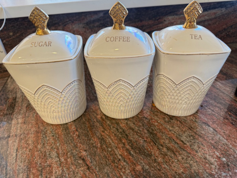 Photo 1 of 3PC WHITE CERAMIC CANISTER SET, BIRD & COUPLE SALT & PEPPER SHAKERS