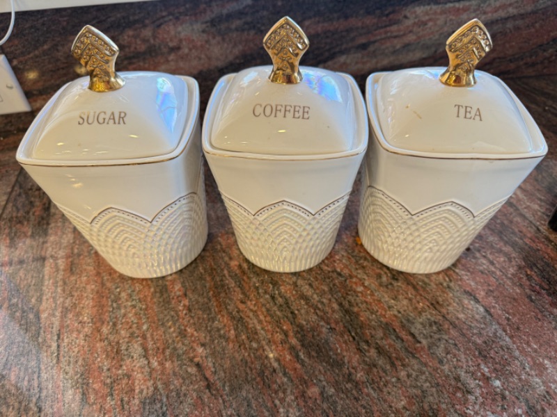 Photo 1 of 3PC WHITE CERAMIC CANISTER SET, BIRD & COUPLE SALT & PEPPER SHAKERS