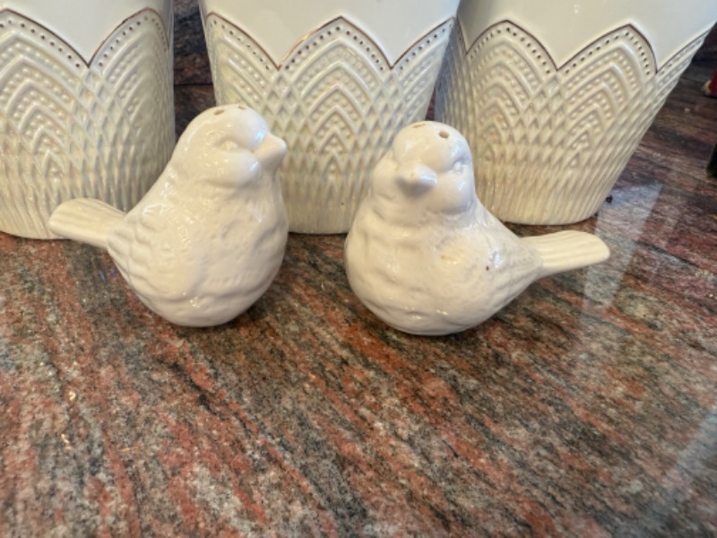 Photo 1 of 3PC WHITE CERAMIC CANISTER SET, BIRD & COUPLE SALT & PEPPER SHAKERS