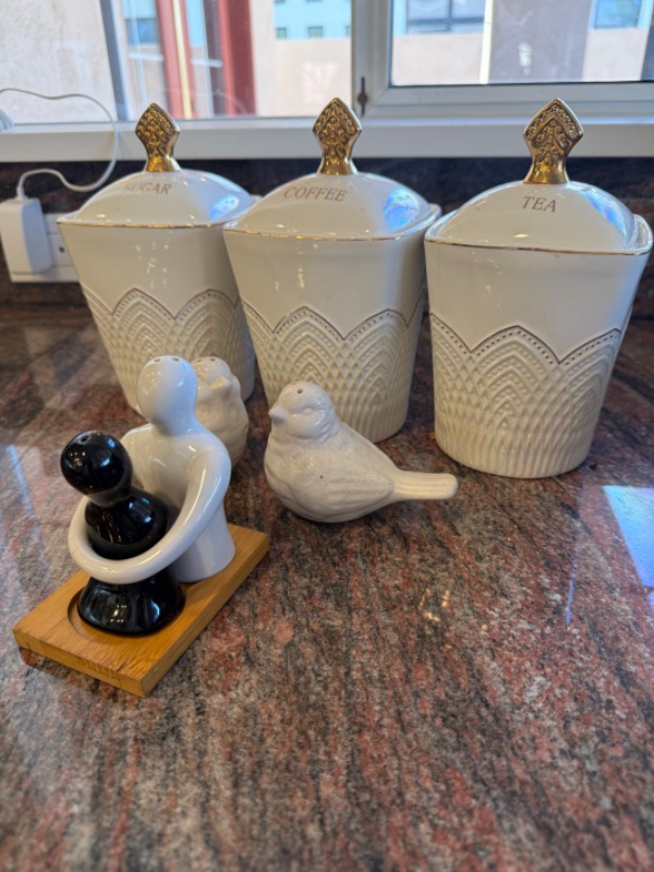 Photo 1 of 3PC WHITE CERAMIC CANISTER SET, BIRD & COUPLE SALT & PEPPER SHAKERS