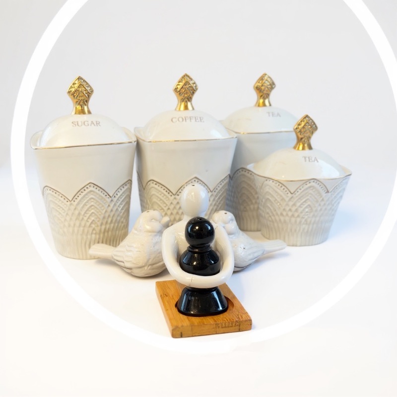 Photo 1 of 3PC WHITE CERAMIC CANISTER SET, BIRD & COUPLE SALT & PEPPER SHAKERS